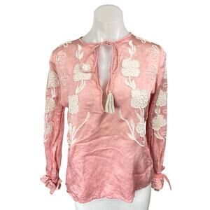 Karina Grimaldi Silk Satin Pink Floral Long Sleeve Embroidered Blouse Top Size S